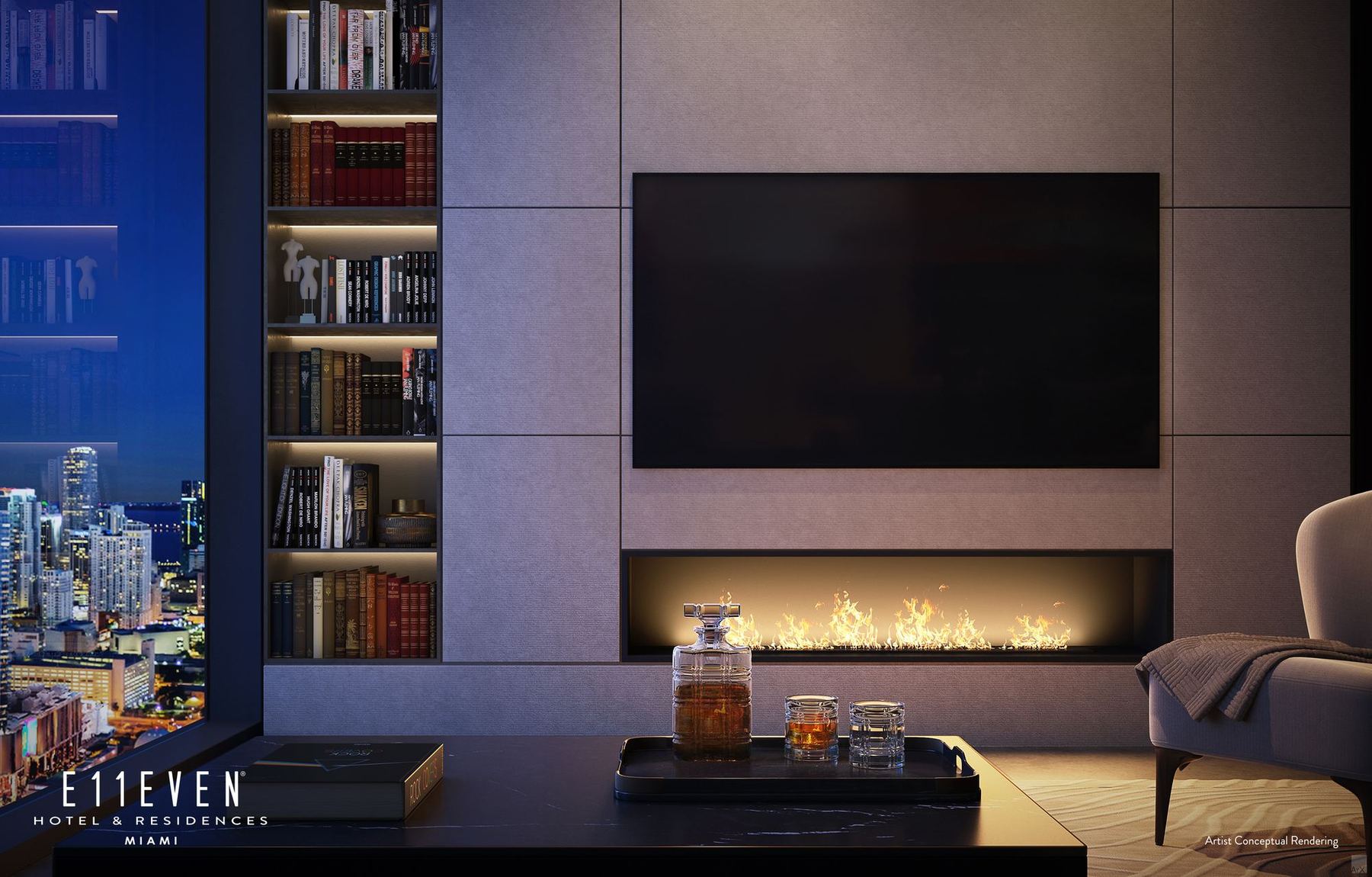 E11EVEN Club Collection, Tower 1 residence living area with fireplace