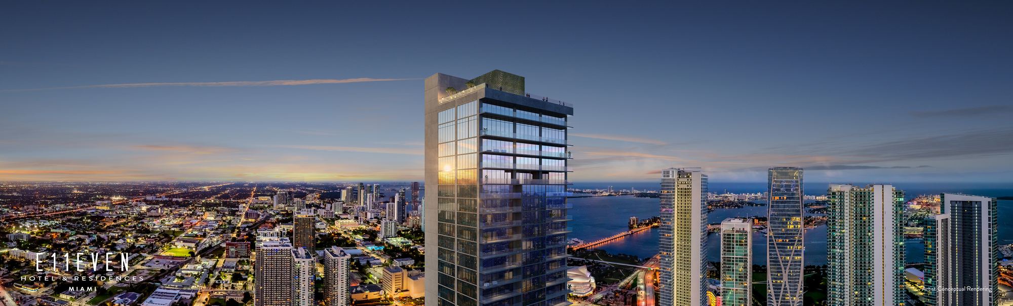 E11EVEN Club Collection, E11EVEN Hotel and Residences at dusk over Park West