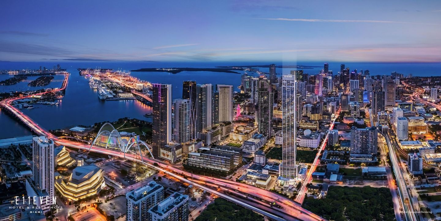 E11EVEN Club Collection, Park West district and Biscayne Bay at night