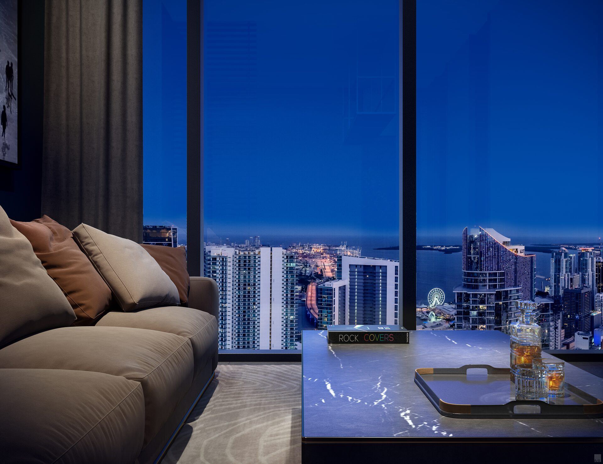 E11EVEN Club Collection, Tower 1 two-bedroom residence, line 08, living room at night