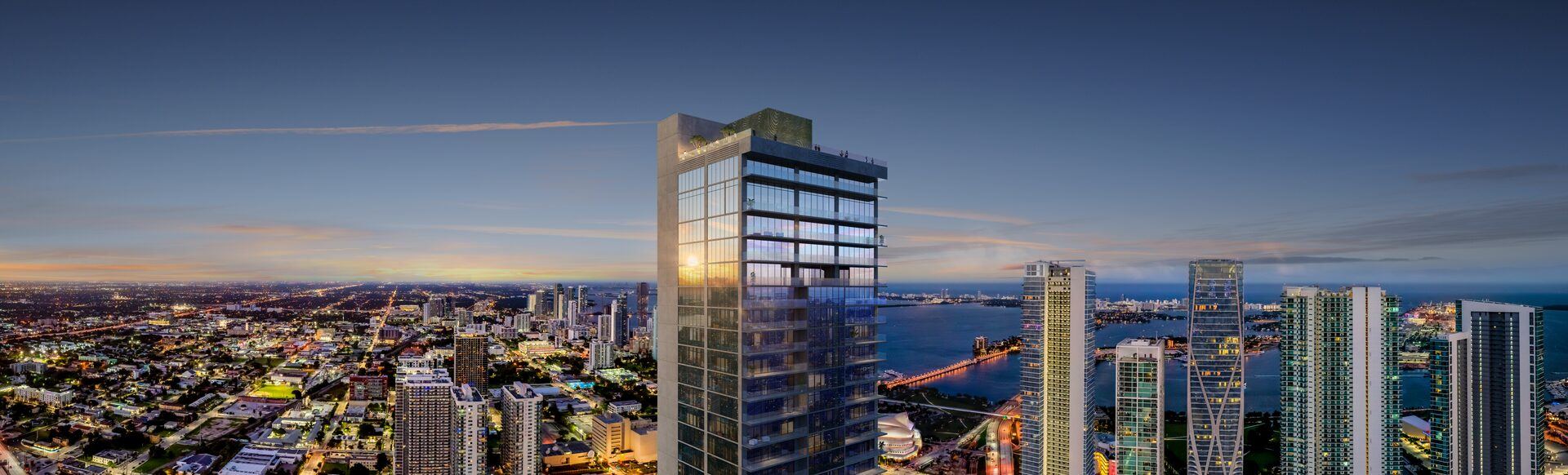 E11EVEN Club Collection, aerial view of Tower 1 and Downtown Miami