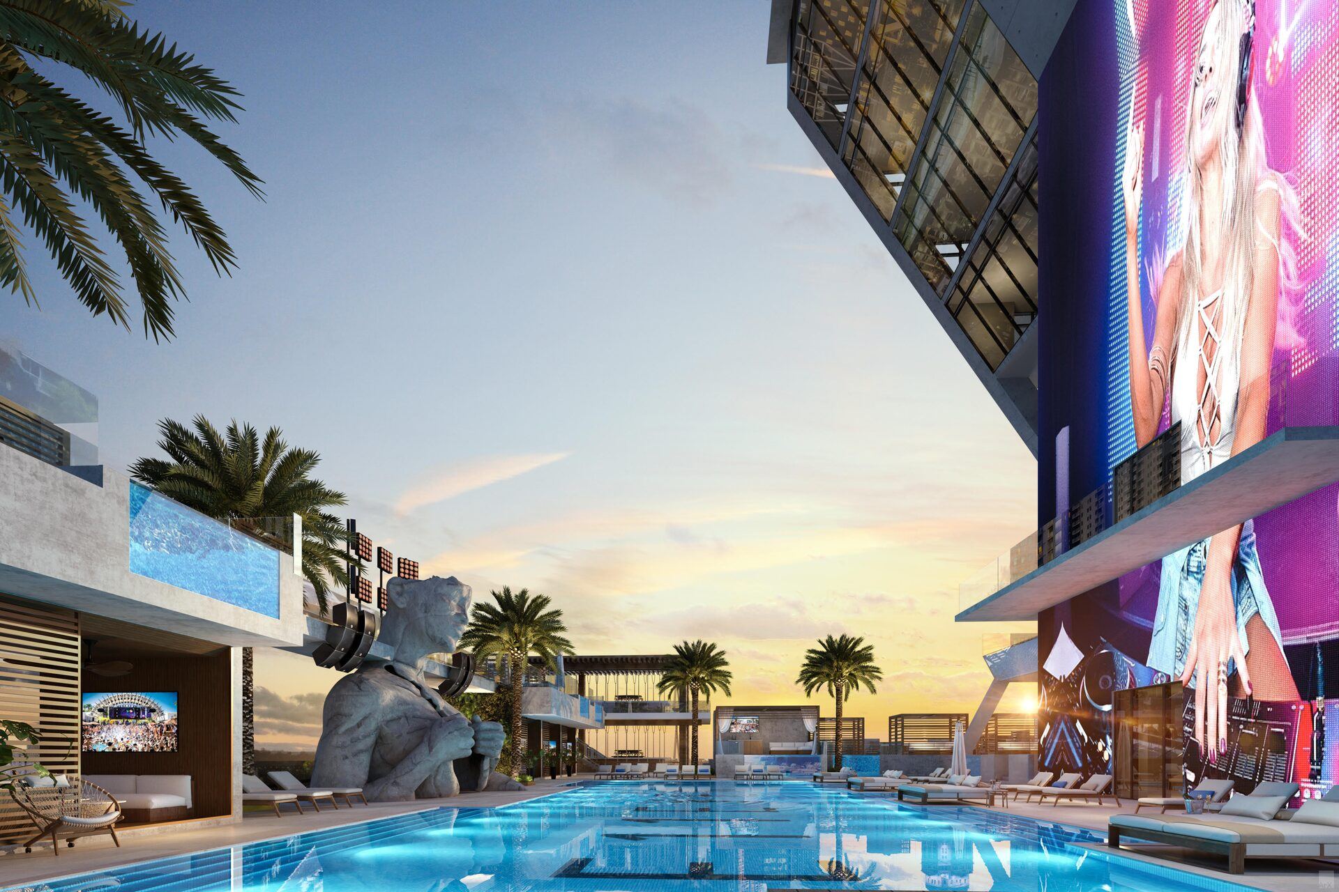 E11EVEN Club Collection, pool deck at sunset, Tower 1
